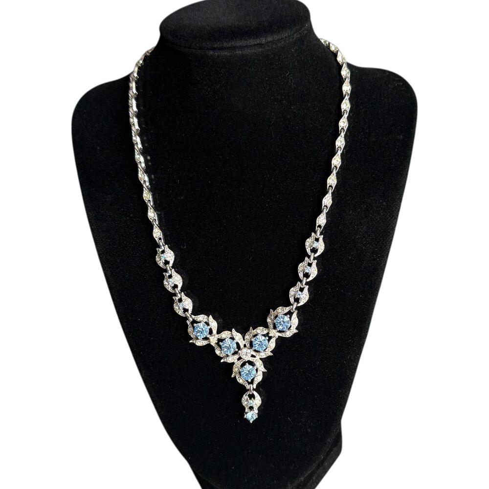 Signed Bogoff Blue Rhinestone Necklace Silver Tone Vintage Statement Jewelry